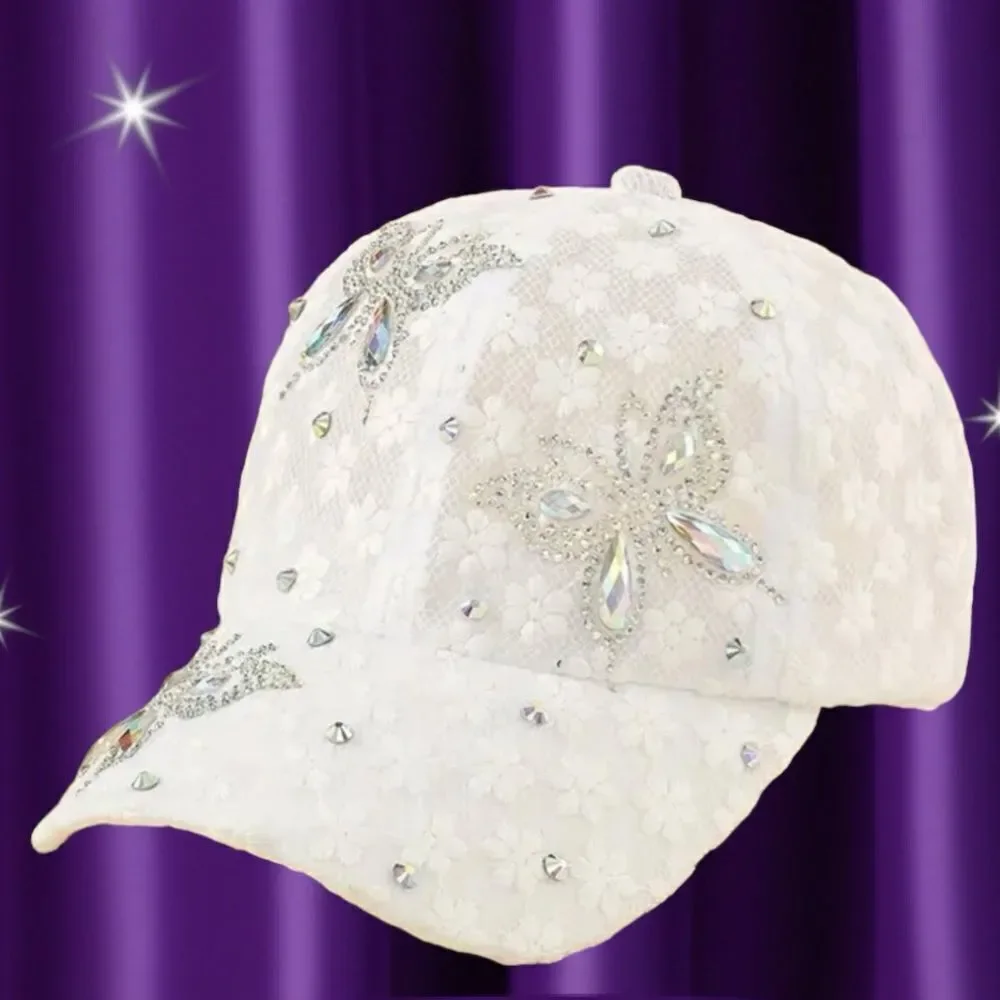 WHITE‎ LACE WITH RHINESTONE BUTTERFLIES BASEBALL CAP